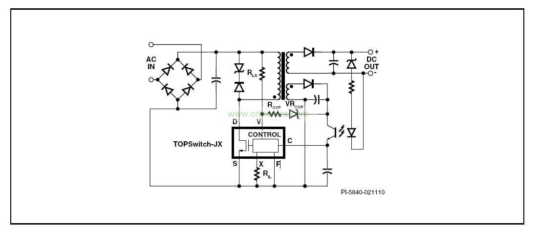 圖 1. 具有初級(jí)檢測(cè)的輸出過(guò)壓保護(hù)、輸入欠壓鎖存、輸入過(guò)壓關(guān)斷及可設(shè)定流限值功能的典型TOPSwitch-JX反激式電源