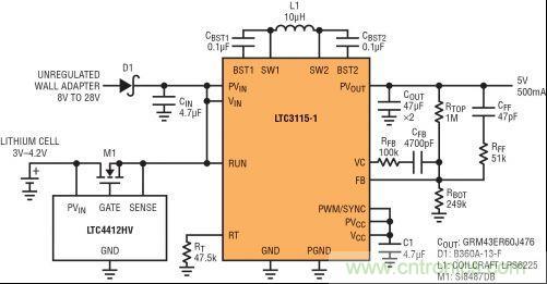 圖7：LTC3115-1與LTC4412HV相結(jié)合，以獲得由單節(jié)鋰離子電池和未穩(wěn)壓交流適配器提供的雙輸入5V電源