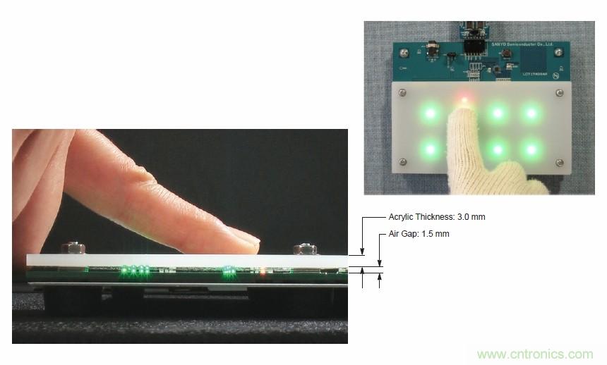圖7. 安森美半導(dǎo)體電容式觸摸傳感器具有高度靈敏度，支持戴手套觸摸，支持含氣隙應(yīng)用