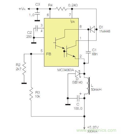 采用降壓配置中廣為使用的MC33063/MC34063的一個(gè)示例。