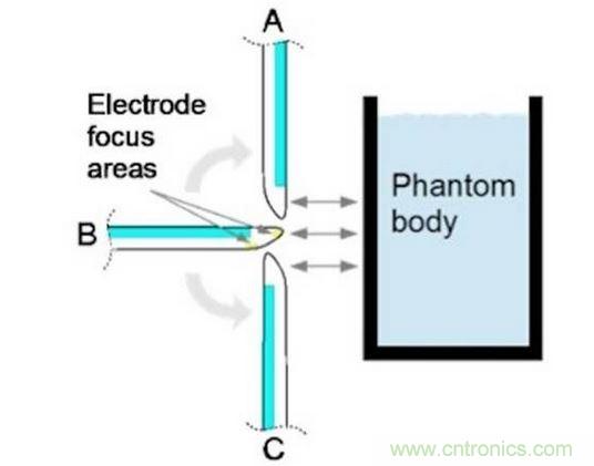 相對(duì)于假想體測試角的電極焦點(diǎn)區(qū)域。
