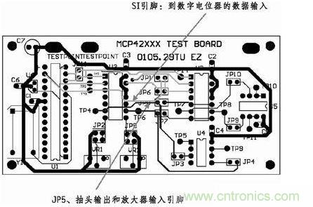 這是對圖2所示電路的第一次布線嘗試。此配置在模擬線路上產(chǎn)生不規(guī)律的噪聲，這是因?yàn)樵谔囟〝?shù)字走線上的數(shù)據(jù)輸入碼隨著數(shù)字電位器的編程需求而改變。