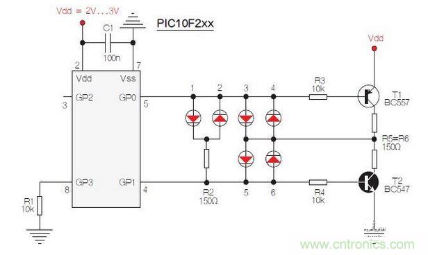 測(cè)試選擇PIC10F200，固件以兩個(gè)獨(dú)立、簡(jiǎn)單的匯編程序源代碼的方式提供。