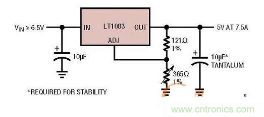 集成型線性穩(wěn)壓器實例：只有3個引腳的7.5A線性穩(wěn)壓器。