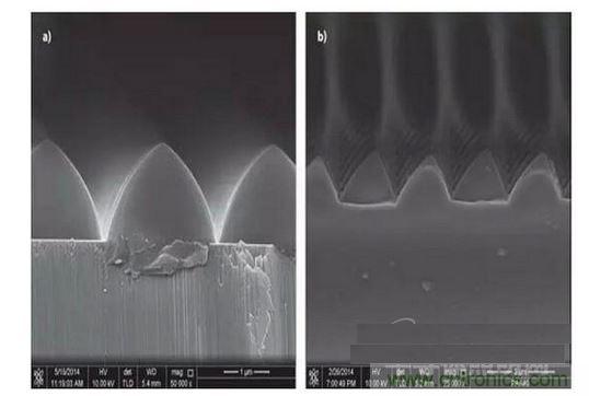 圖案化藍(lán)寶石基板通過光致抗蝕劑掩膜在電感耦合等離子體干法反應(yīng)性腐蝕保持良好剛性結(jié)構(gòu)（如圖a）,然而，如果光致抗蝕劑掩膜的剛性結(jié)構(gòu)在抗蝕過程中沒有得到保持，那么結(jié)果會(huì)很差（如圖b）