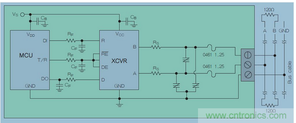 在高暴露環(huán)境中的RS-485總線的電路保護示意圖中，上圖類似&ldquo;Z&rdquo;字形的符號可代表多種過壓保護解決方案，包括Q2L系列SIDACtor保護晶閘管(圖7)。