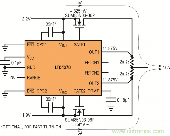 針對(duì)三個(gè)或四個(gè)電源的簡(jiǎn)易平衡負(fù)載均分，即使電源電壓不等也絲毫不受影響