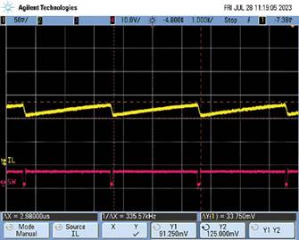  圖9.負(fù)載調(diào)整和折返頻率。隨著負(fù)載增大，頻率會(huì)折返以維持穩(wěn)定的輸出電壓。  在圖9中可以看到，隨著負(fù)載增加，器件頻率會(huì)折返以保持恒定的輸出電壓。器件在DCM下運(yùn)行至約0.28 A，這就是頻率下降到約495 kHz然后又回升至657 kHz的原因。以657 kHz的頻率運(yùn)行時(shí)，器件可以保持正常操作，直至負(fù)載達(dá)到0.7 A。此時(shí)頻率降低以保持適當(dāng)?shù)妮敵鲭妷海敝霖?fù)載達(dá)到1.4 A左右。發(fā)生這種情況時(shí)，器件無(wú)法在保持輸出電壓的同時(shí)將頻率降低到100 kHz以下（該器件指定的最低反饋頻率），因此輸出電壓開(kāi)始下降。  這個(gè)問(wèn)題的解決辦法不像違反最小導(dǎo)通時(shí)間規(guī)范那么簡(jiǎn)單。設(shè)計(jì)人員通常需要滿足特定的輸入電壓和輸出電壓要求，因此無(wú)法隨意更改占空比來(lái)延長(zhǎng)關(guān)斷時(shí)間。如果設(shè)計(jì)人員可以提供更大的輸入電壓，則器件將以設(shè)定的頻率工作，因?yàn)檩^小占空比會(huì)防止器件違反最小關(guān)斷時(shí)間規(guī)范。這一點(diǎn)可以從圖10中看出，其中器件以設(shè)定的2 MHz頻率運(yùn)行。